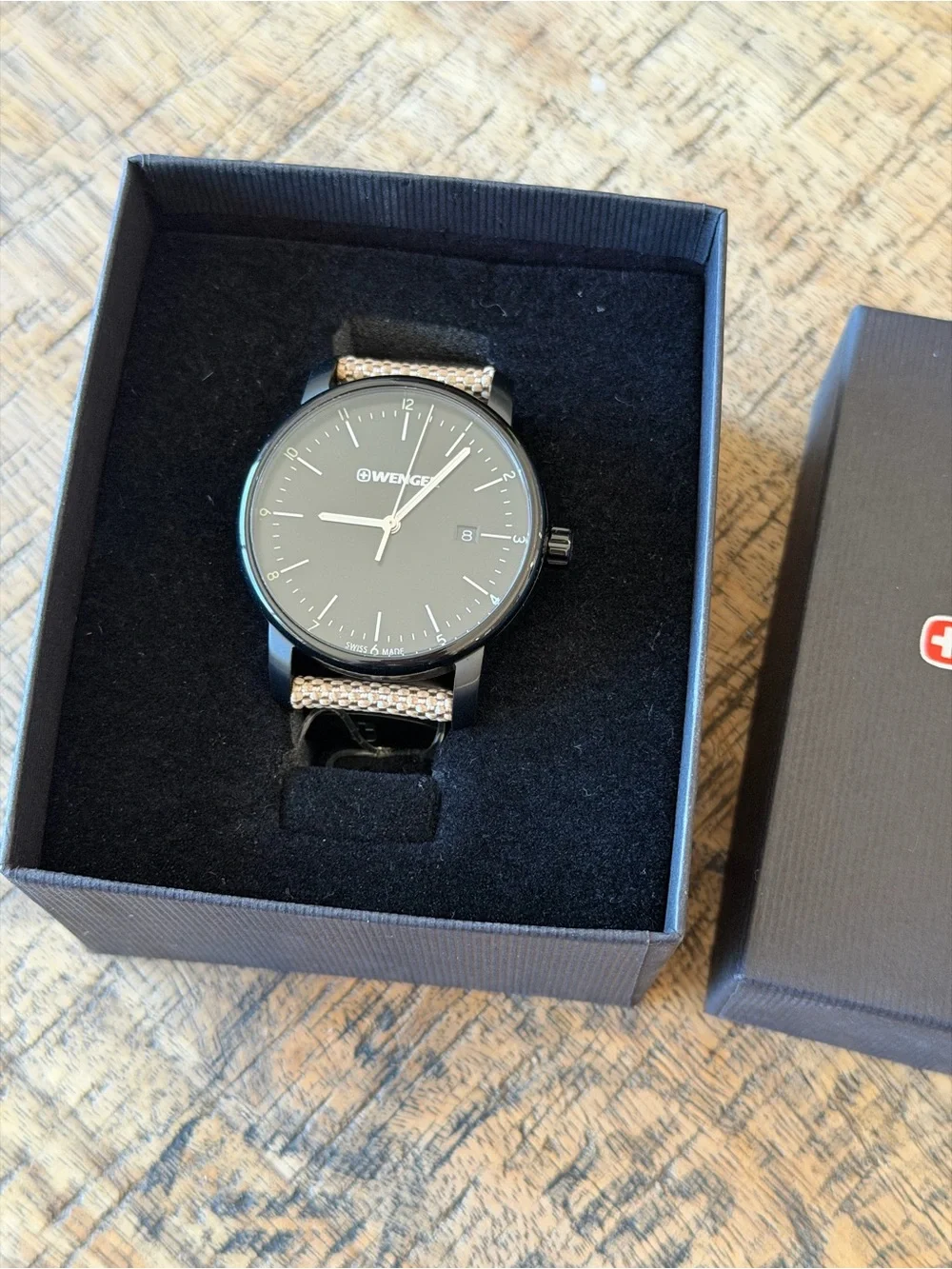 New in Box Wenger Black Dial Swiss Made Watch with Beige Strap
